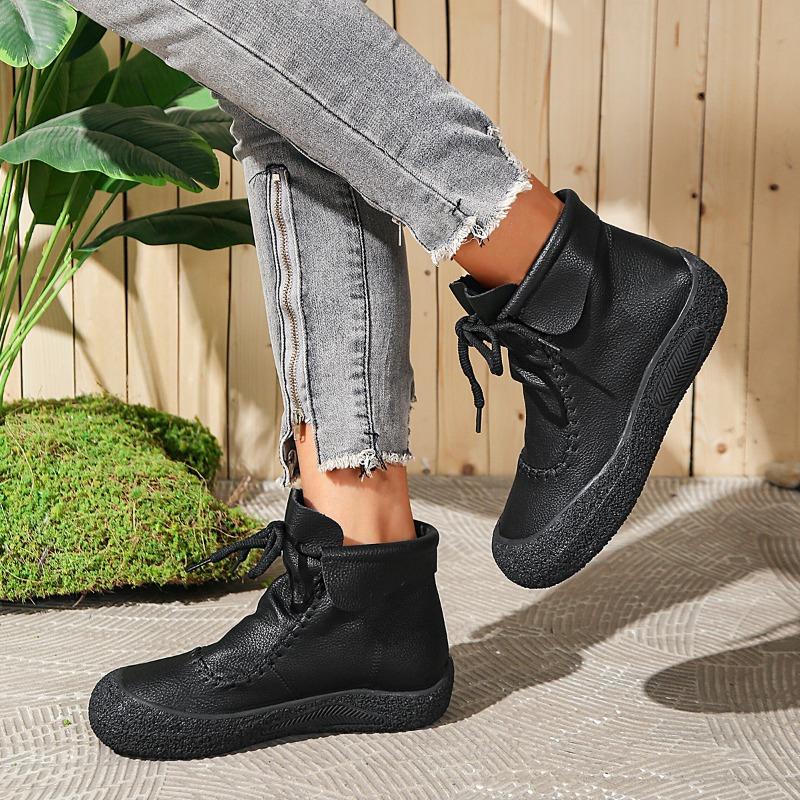 

2024 Retro Lace-Up Casual Flat Heel Lady Boots Lace Up Round Toe Rubber Leather Rock Low Mid-Calf Elegant Mid Calf Fabric PU 42 чёрный