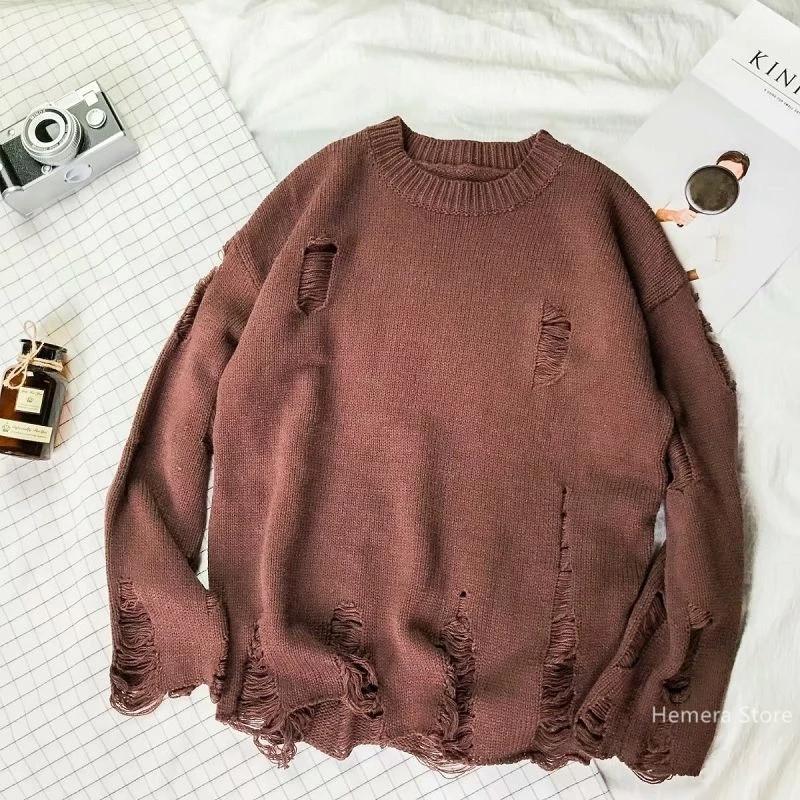 Erkekler Kadınlar Sokak Hip Hop Kazaklar Jumper Moda Büyük Boy Tüm Maç Erkekler Bahar Yıkama Delik Yırtık Örgü Kazak