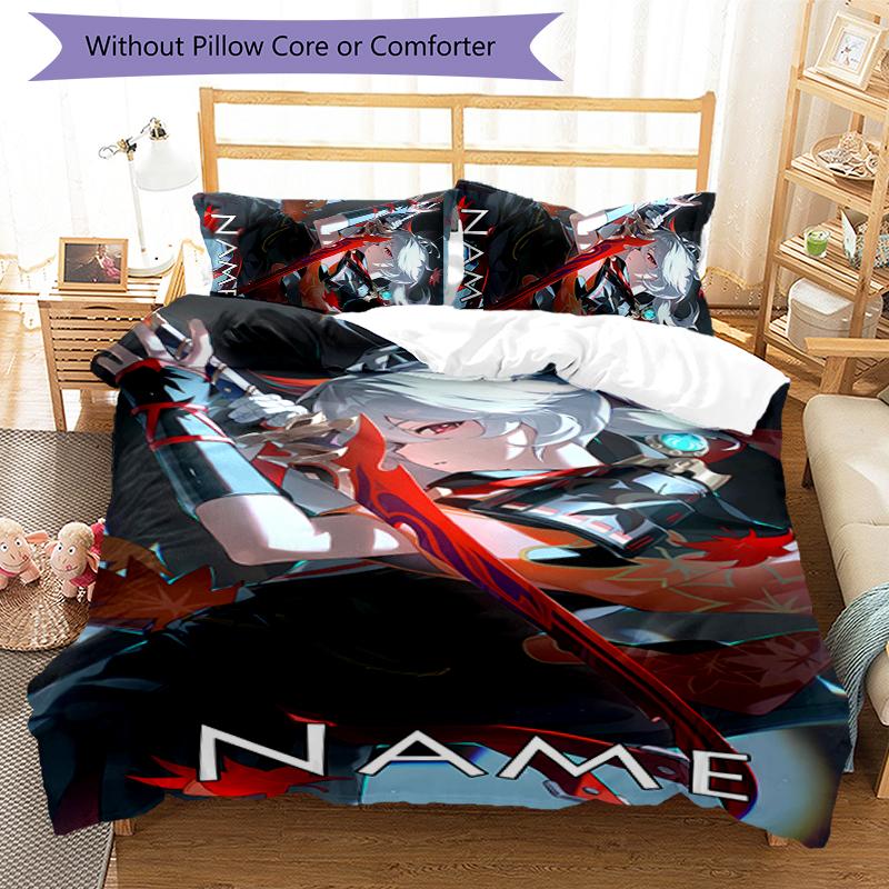3pcs Custom Name Cartoon Genshin Impact Manye Bedding Set Duvet Cover Closure Includes 1 Duvet Cover & 2 Pillowcases for All Seasons Bedroom Decor
