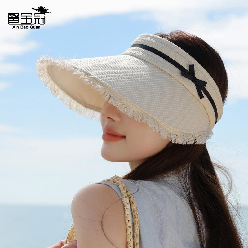 Tassel Large Brim Sun Hat Summer Outdoor Travel Sun Protection Hat Women's Plaid Bow Empty Top Hat