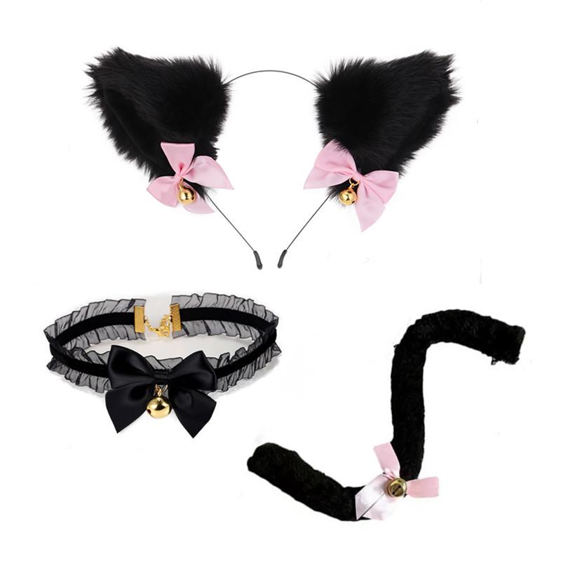 Cat Ear Bell Headband & Choker Set with Tail - Halloween Party Accessories