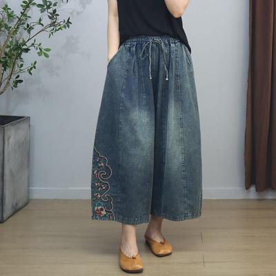 Sommer Bestickte Denim Weitbein Hose für Damen Elastisch Locker Lässig Vintage Stil Neun Zent Hosen weiblich