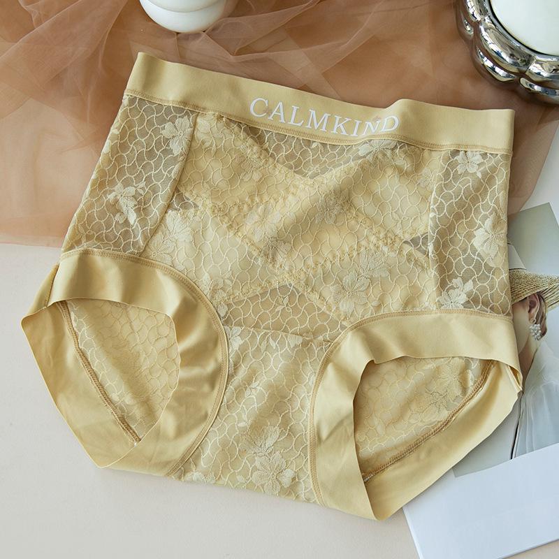 Meizhai Women's Seamless Lace Mid-High Waist Tummy Control Plus Size Briefs with Antibacterial Mulberry Silk Crotch.