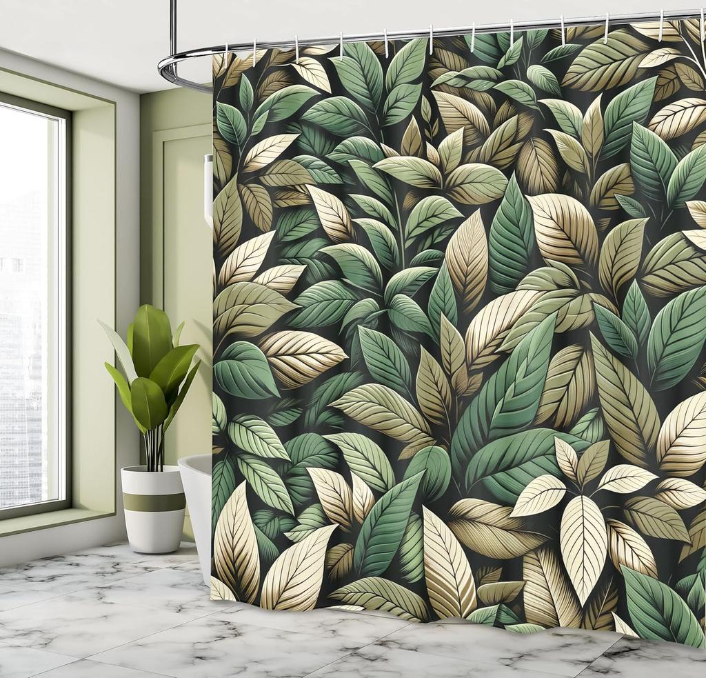Olive Green Shower Curtain, Modern Forest Boho Leaves With Nature Colors Bohemian Exotics, Cloth Fabric Bathroom Decor