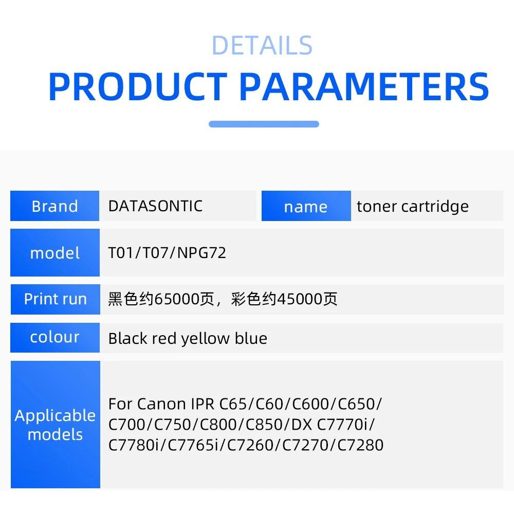 T01 T07 NPG72 Color Toner Cartridge for Canon IPR C65 C60 C600 C650 C700 C750 C800 C850 DX C7770i C7780i C7765i C7260 C7270 7280