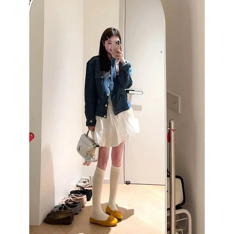 Women's French Chic Blue Denim Jacket - Old Money Style, Petite Short Top, Fall 2025