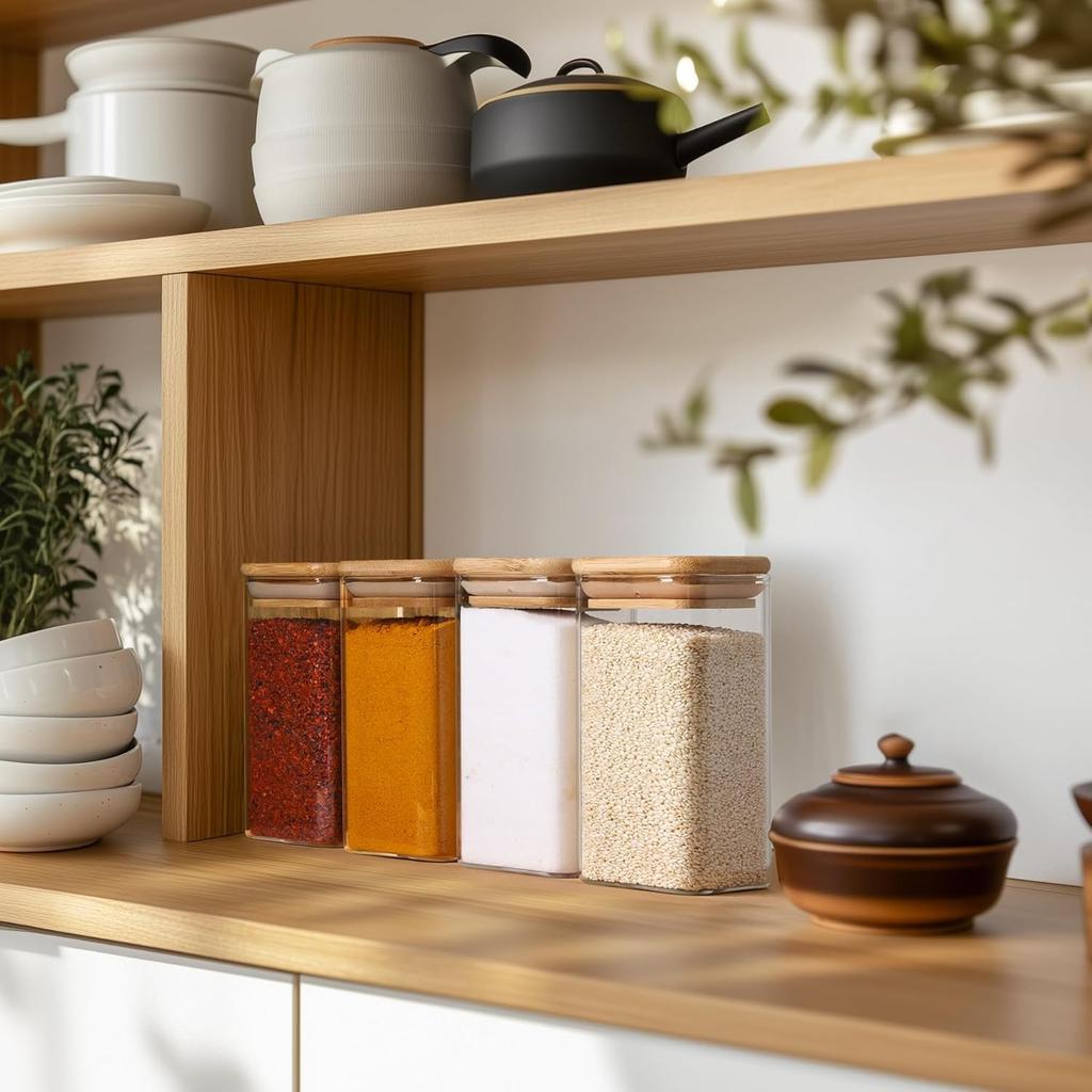 ComSaf Airtight Spice Set of 300ml Glass Canisters with Bamboo Lids and 21 DIY for and Condiment Storage Containers, 4, Labels, Salt, Sugar,