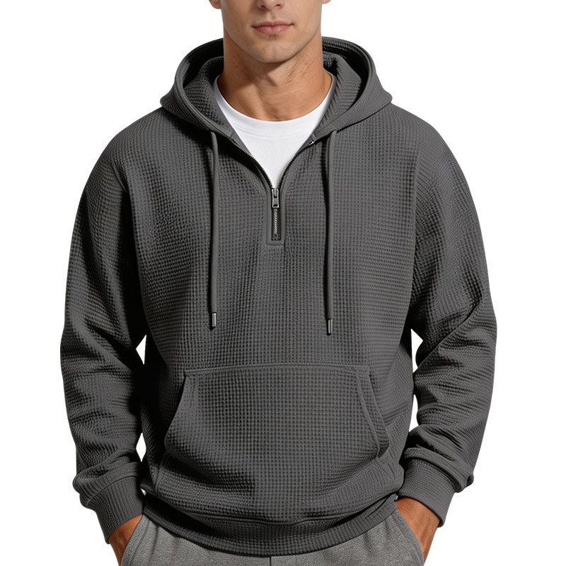 Men S Solid Color Waffle Hooded Half Zip Long Sleeve Pullover Sweatshirt