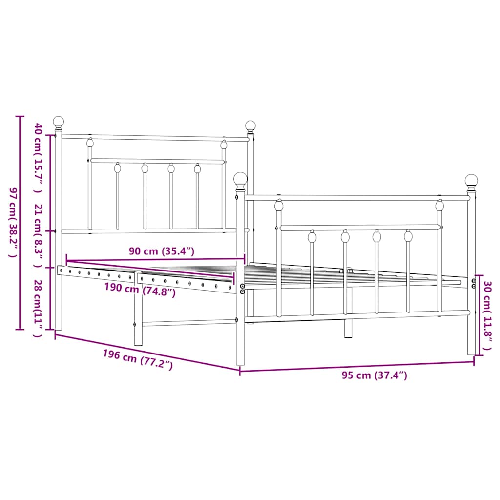 Struttura Letto in Metallo con Testiera e Pediera Nera 90 x 190 cm