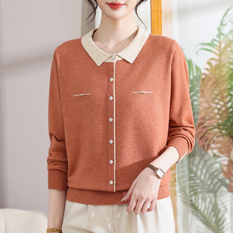 

Stylish Lapel Thin Sweater for 50-Year-Olds: Spring/Autumn Knitted Top for Middle-Aged and Elderly Women 3XL for 135-150 jin оранжевый