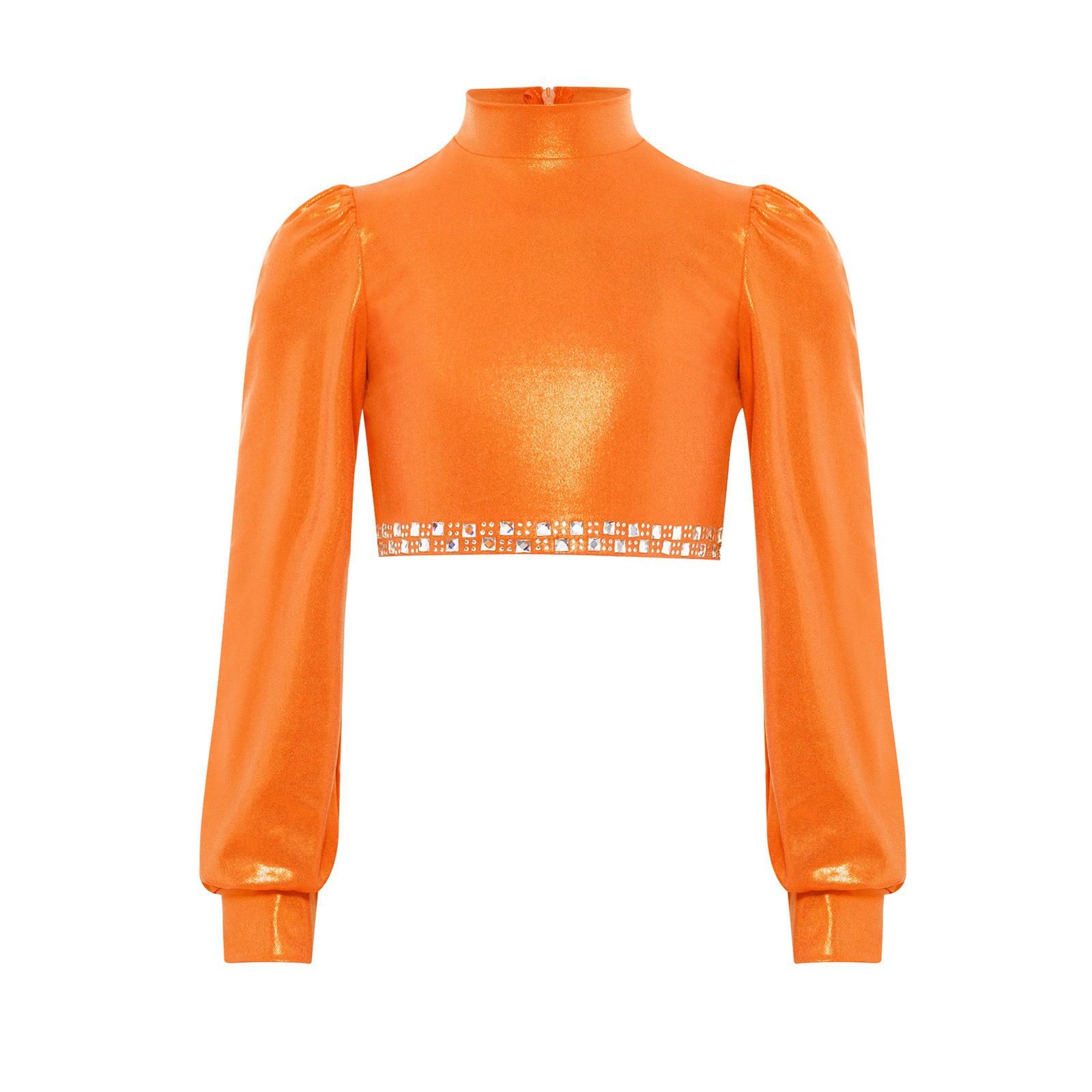 

Дівчачий топ для джазового танцю з коміром-стійкою, довгими рукавами, потайною блискавкою на спині, блискучими стразами, металізований танцювальний одяг 11-12 Years помаранчевий