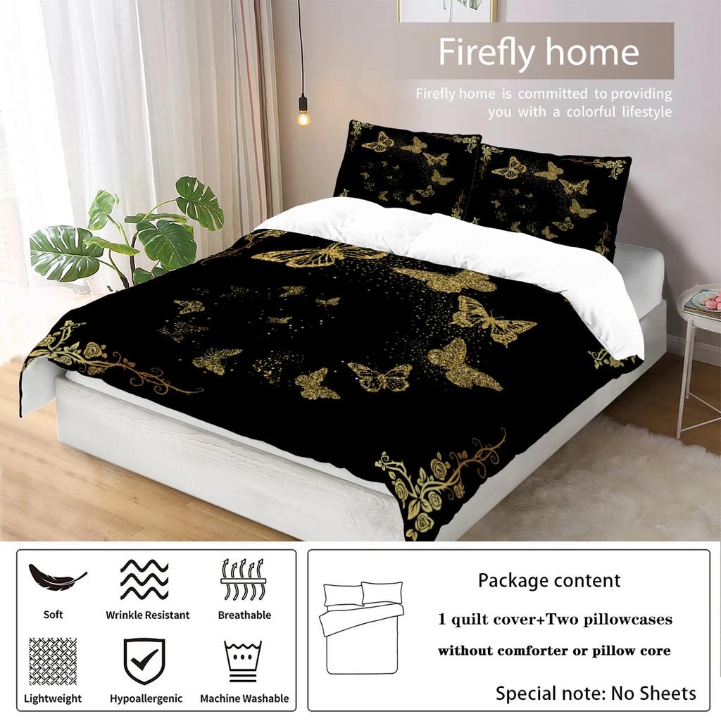 3-Piece Set Of Golden Butterfly Printed Down Duvet Covers (1 Down Duvet Cover+2 Pillowcases No Core) Soft Bedding Set