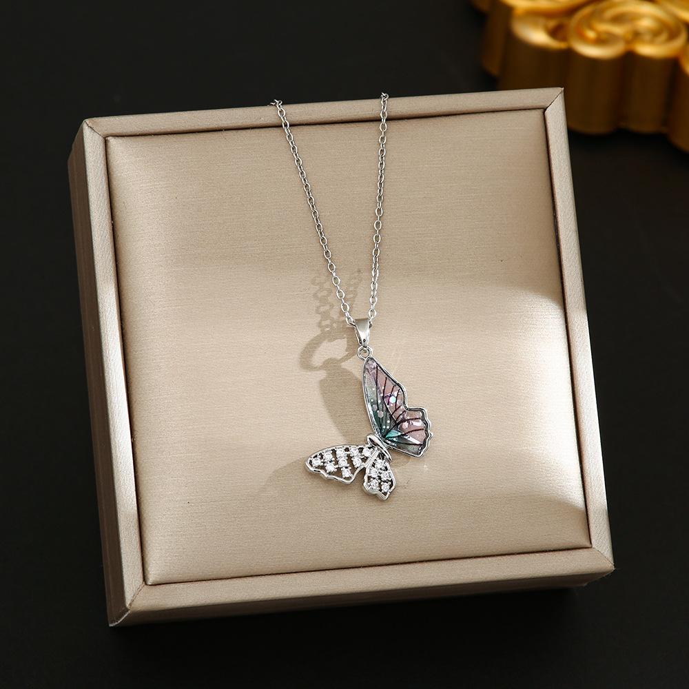 Korean Butterfly Tassel Luxury Diamond Titanium Steel Necklace - Women's Versatile Clavicle Jewelry