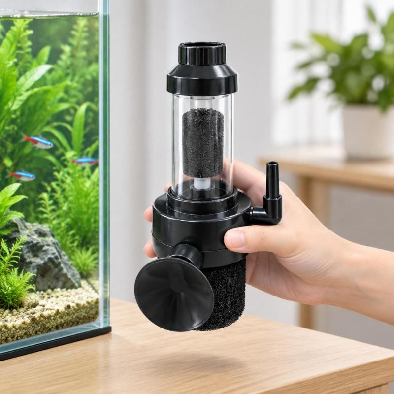 External-Pump Fish Filter with Suction-Cup Mount and Side Air Port for Clear Placement and Hose Attachment Inside