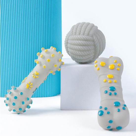 Squeaky Dog Toy Rubber Textured Barbell Bone Ball Dog Chew Toy Teeth Cleaning Toy for Aggressive Chewers Interactive Fetch Play
