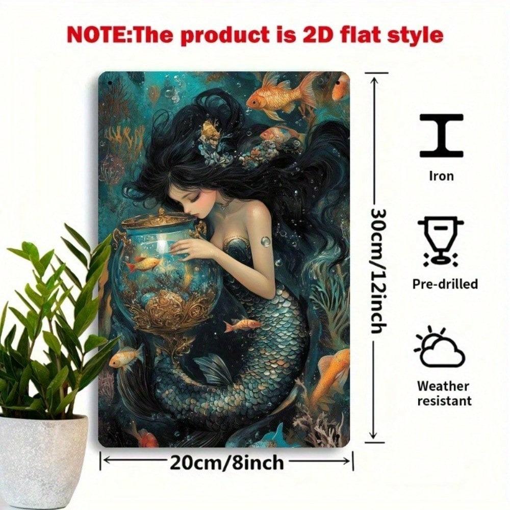 Metal Tin Sign Vintage Mermaid Goldfish Art 8x12 Inch Rustic Home Wall Decor Garage Bar Cafe