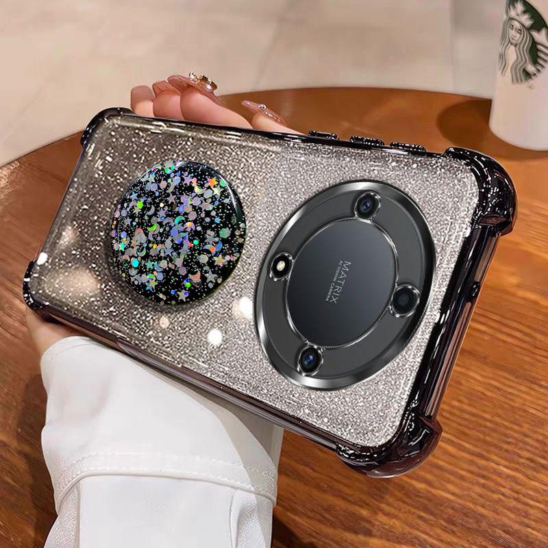 Luxuriöser Stoßfester Glitzerhalter für Silikonring Honorx9a Hülle für Honor X9A Magic5 Lite X7A X7C mit Halter Ständer Abdeckung