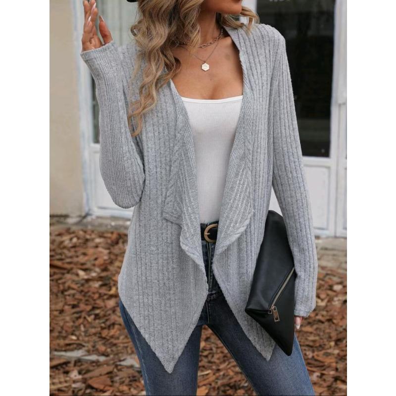 

women s Solid Color Ribbed Knit Open Front Cardigan Long Sleeve Irregular Hem Casual Mid‑Length Sweater Jacket 2XL сірий колір