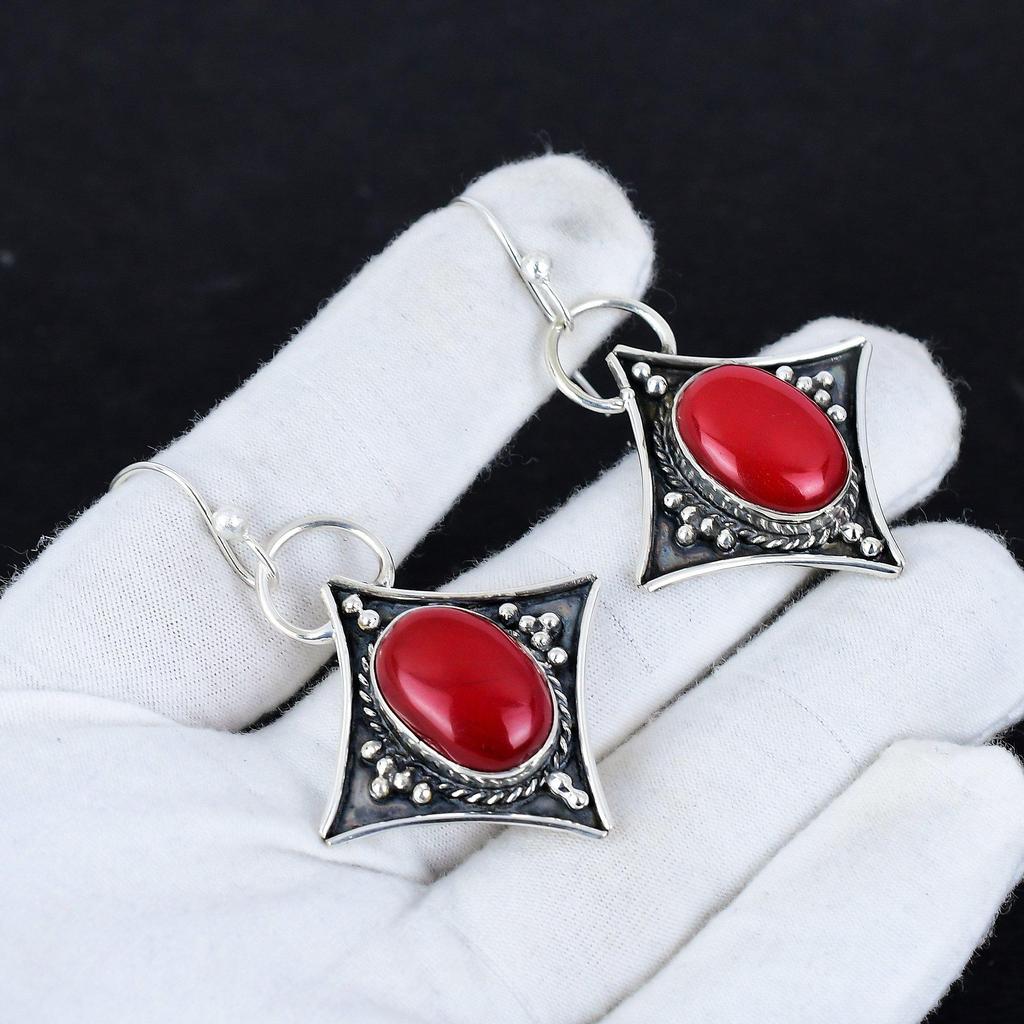 Orecchini Antichi in Pietra di Corallo Rosso Naturale Argento Sterling 925, Orecchini Pendenti Gioielli in Argento Boho, Regali Per Regali di Matrimonio Per Lei