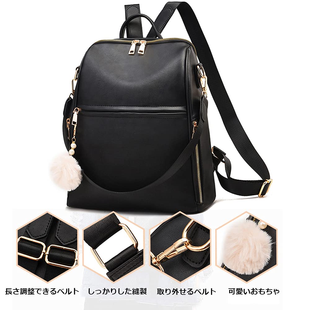Manukori Women's Leather Backpack, Waterproof, Stylish, Large Capacity, 2-Way Shoulder Bag for Girls, Perfect for Commuting, School, or Travel, Black