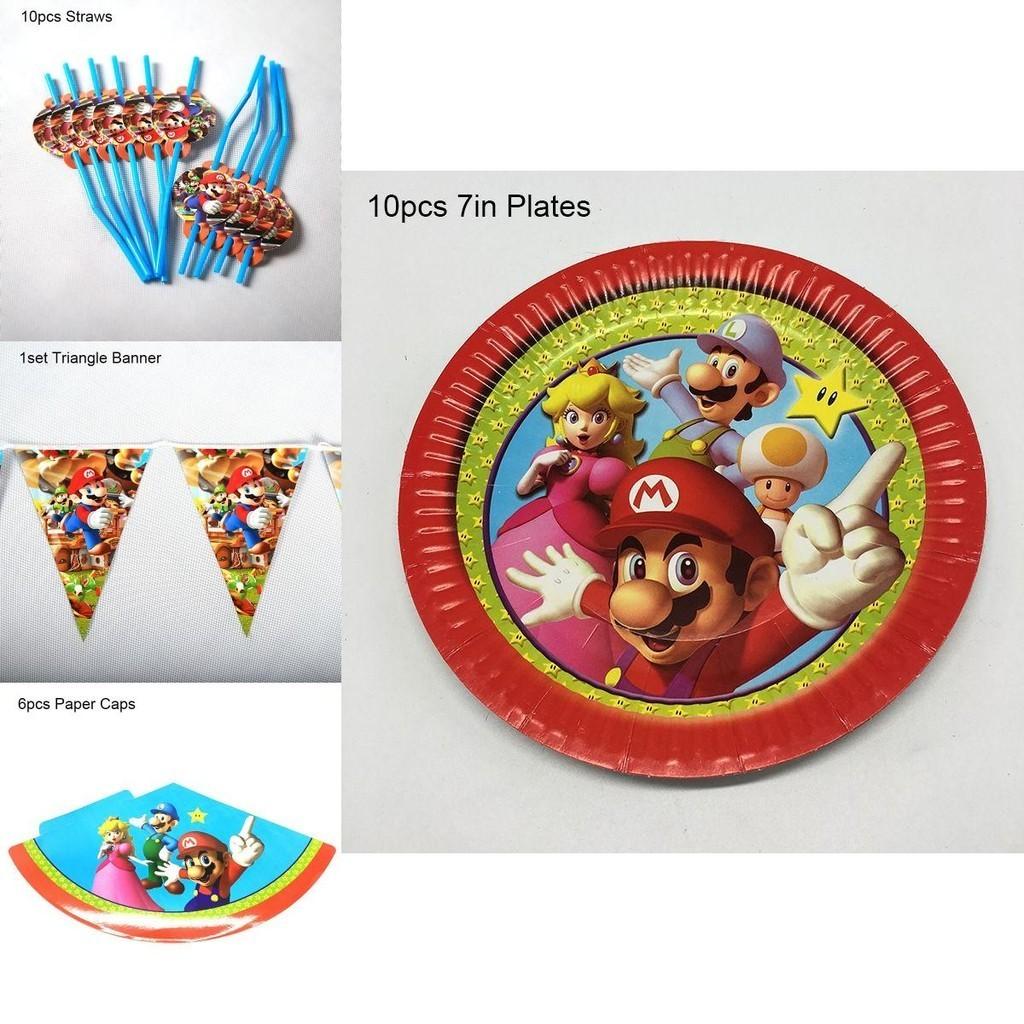 Renkli Bayraklar, Bardaklar ve Peçetelerle Süper Mario Temalı Doğum Günü Partisi Malzemeleri