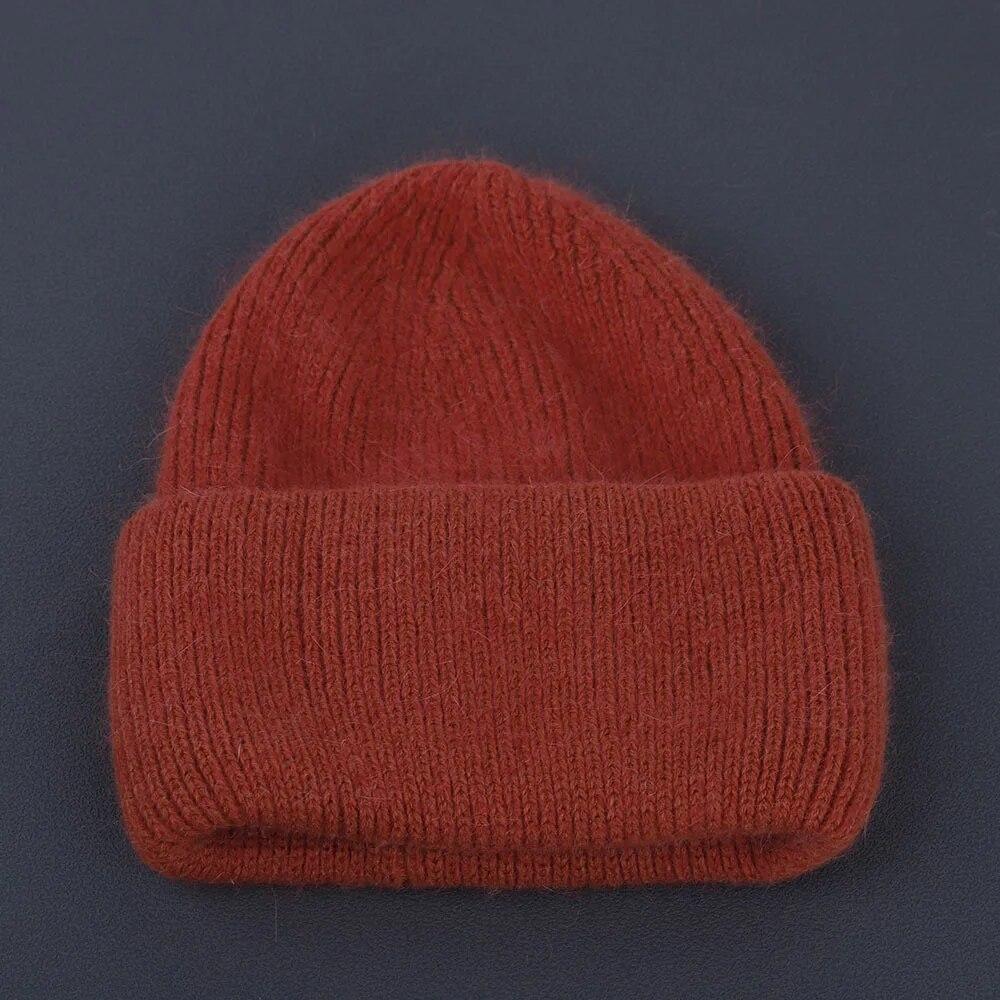 Winter Real Rabbit Fur Knitted Beanies For Women Fashion Solid Warm Cashmere Wool Skullies Beanies Female Fold Thick Hats