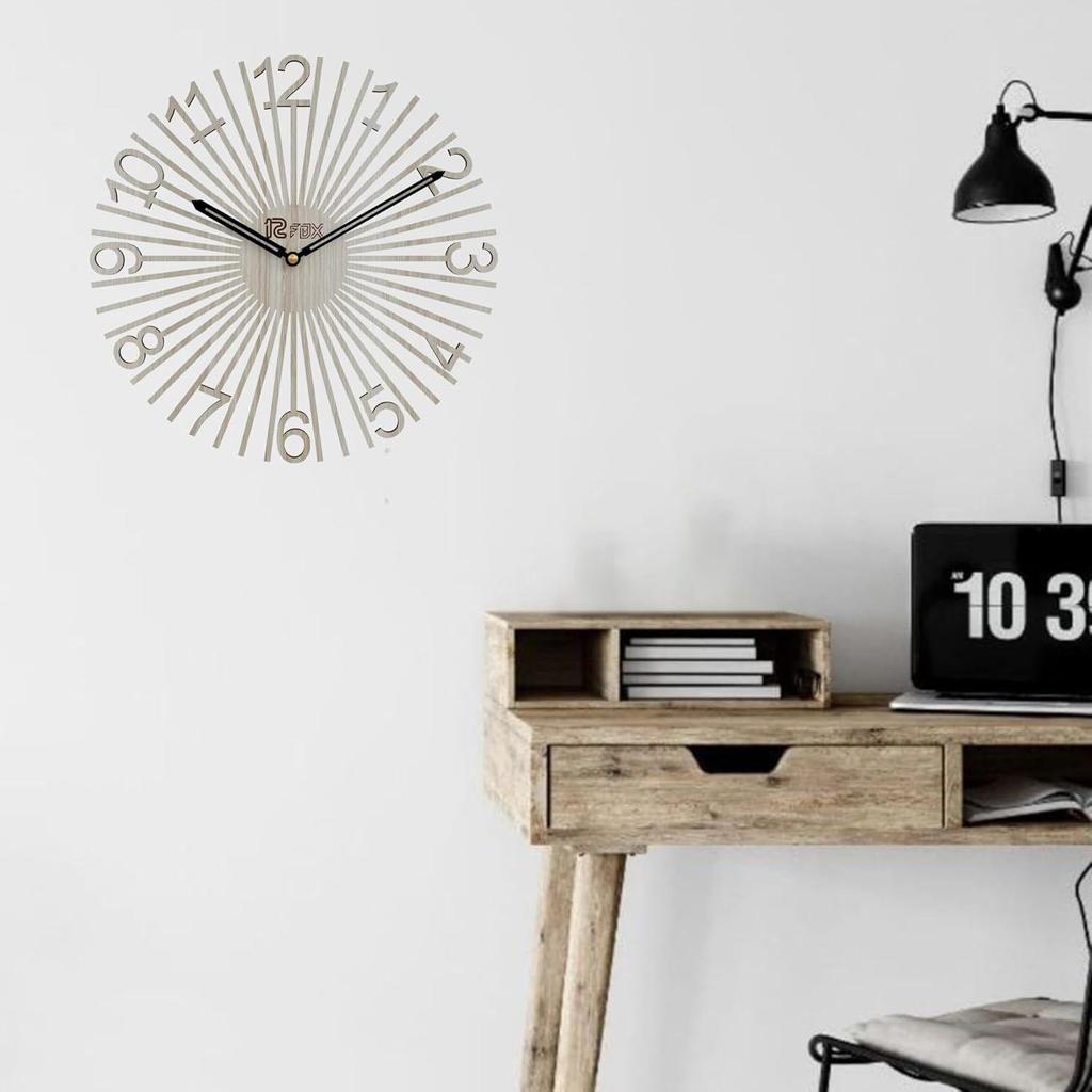 Star Design 12 Inch Handcrafted Stylish Elegant Analog Wooden Wall Clock for Living Room Hall Bedroom Office Gifting White Beech Wood