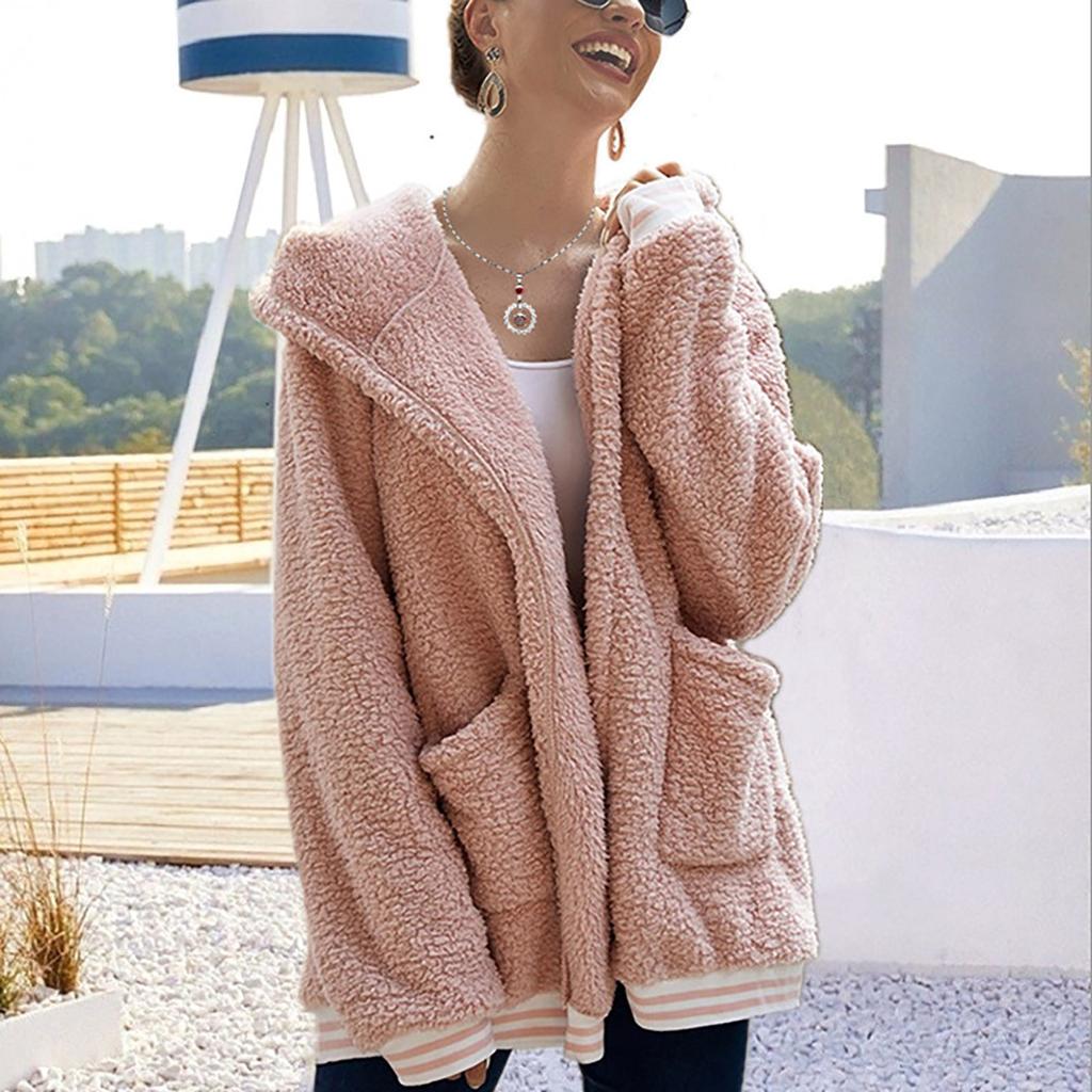 Women's  And Winter Loose Solid Color Stitching Long-Sleeved Pockets Plush Hooded Cardigan Coat