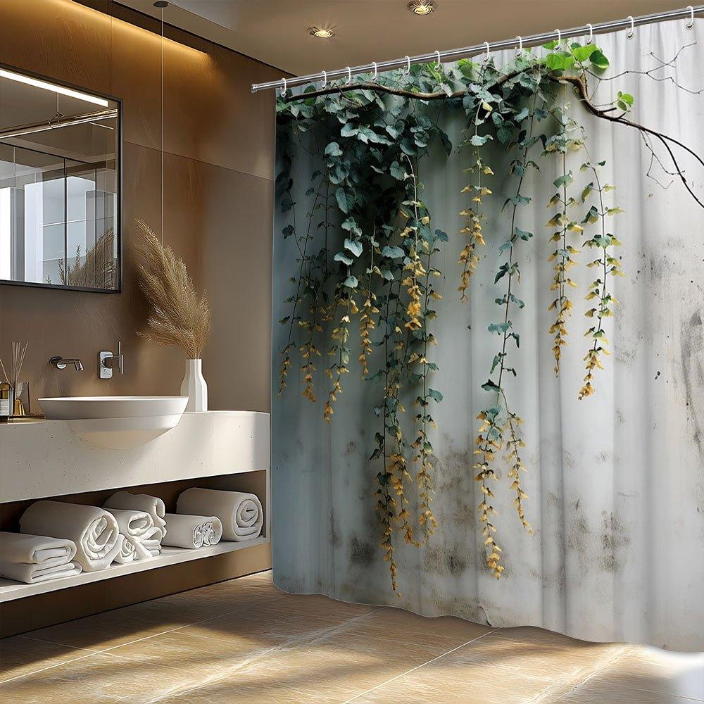 1pc Cascading Vine Shower Curtain with Yellow Berries & Eucalyptus Design, 70x70 Inches, Weathered Wooden Wall Look,