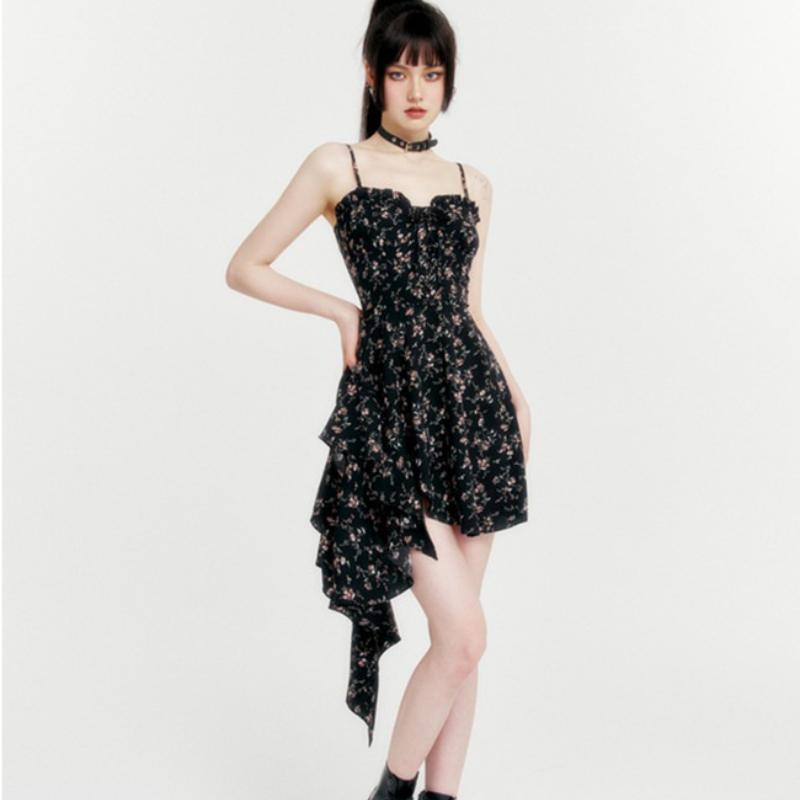 

New Women s Black Floral Slip Dress Thin Strap Waist Cinching Bustier Dress Irregular Ruffle Hem Gothic Short Mini Skirt Subculture Girl Party Outfit XL чорний
