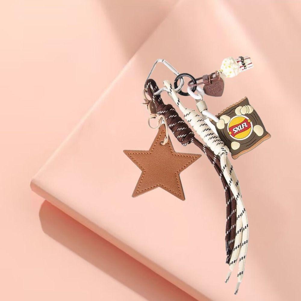 Popcorn Potato Chips Star Shaped Keychain PU Leather Star Keyring  Children Girl