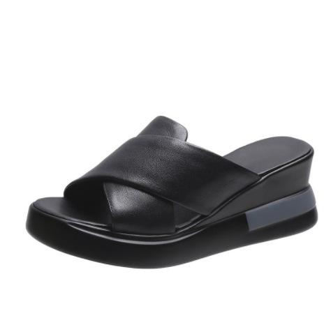 Fish Mouth Sandals Women's New Summer Korean Version Casual Back Empty One-word Buckle with Thick-soled Wedge Heel High-heeled Sandals