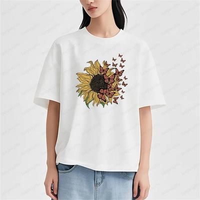 Beautiful Sunflower and Butterfly T-shirt Women Casual Summer Round Neck Short Sleeve Daily Life Fashionable Woman Tee Tops