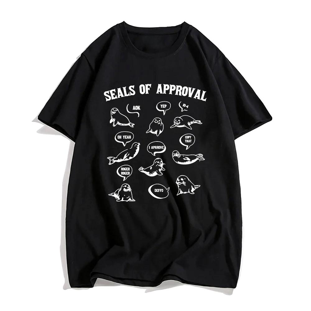Seals of Approval Sea Lion Cartoon Printing Tshirt Summer Short Sleeve Tshirts for Men and Women Loose Kawaii Graphic Tops