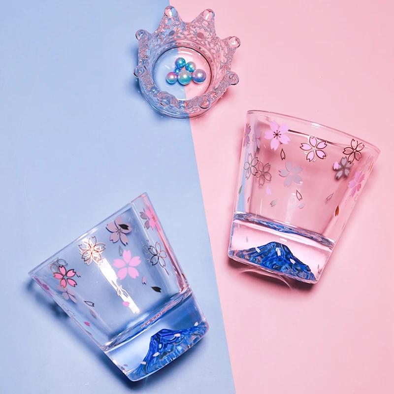 

290ml Japanese Style Fuji Mountain Sakura Glass Cup Glass Pink Cute Water Cup Tea Cup with Spoon Deinkwaie 301-400ml