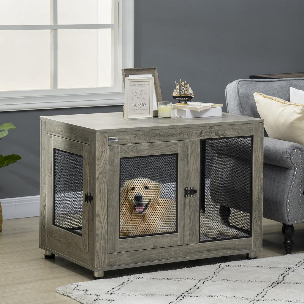 2-in-1 Dog Cage & Side Table, with Two Doors, Cushion, for Large Dogs