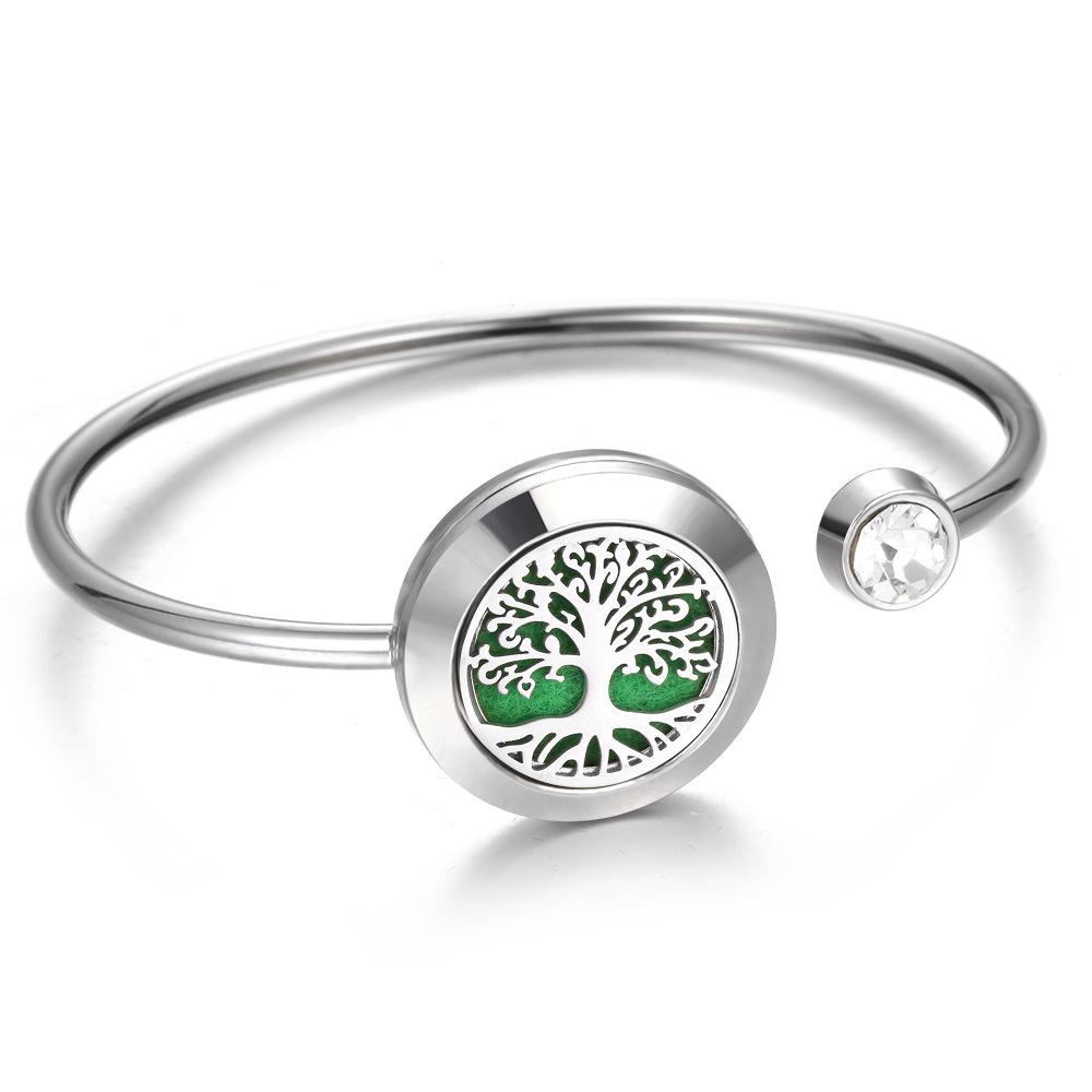 Aromatherapy Essential Oil Diffuser Bracelet, Stainless Steel Alloy, Hollow-out Life Tree, Diamond-studded Perfume Box Bracelet