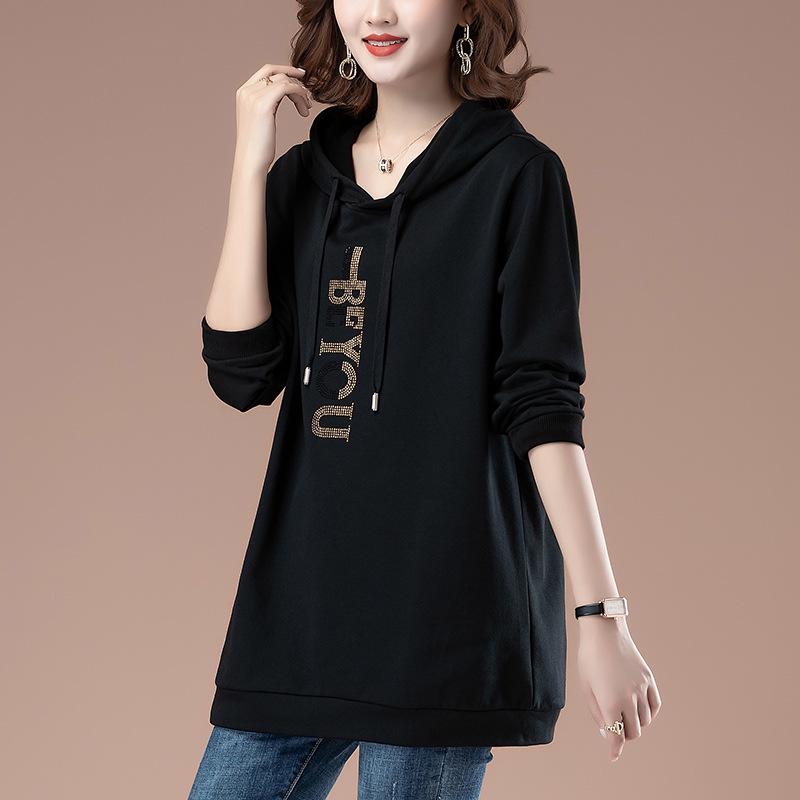 Women's Mid-Length Hooded Sweatshirt - Loose Fit, Plus Size, Casual Top for Spring/Autumn, Hip-Covering Design for Middle-Aged Moms