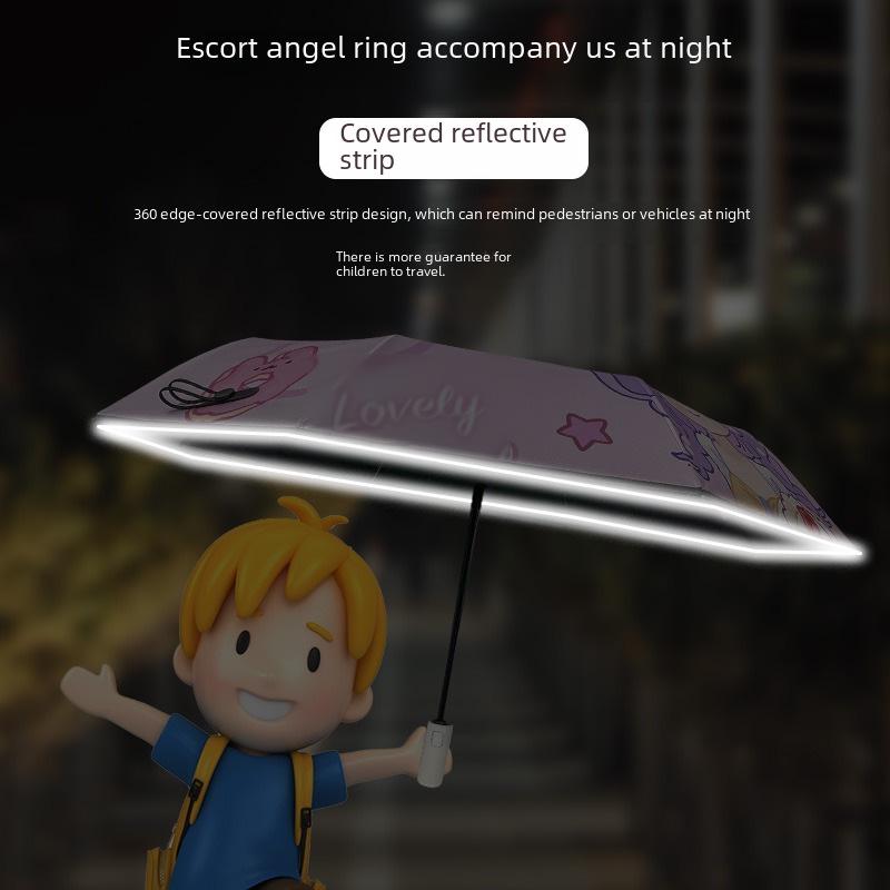 Children's Fully Automatic Cartoon Umbrella with Anti-Rebound, Reflective Strip for Sun and Rain