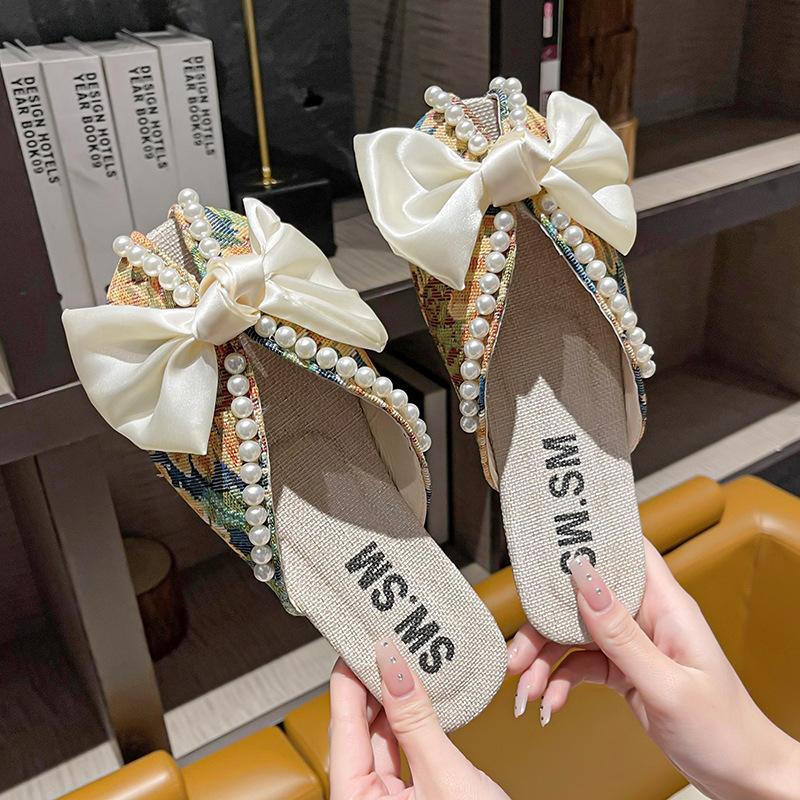 Fashion Summer New Baotou Slippers Womenr 2025 Flat Bottom Bow Soft Bottom Cool Slippers Fashion Women Shoes Home-based Slipper