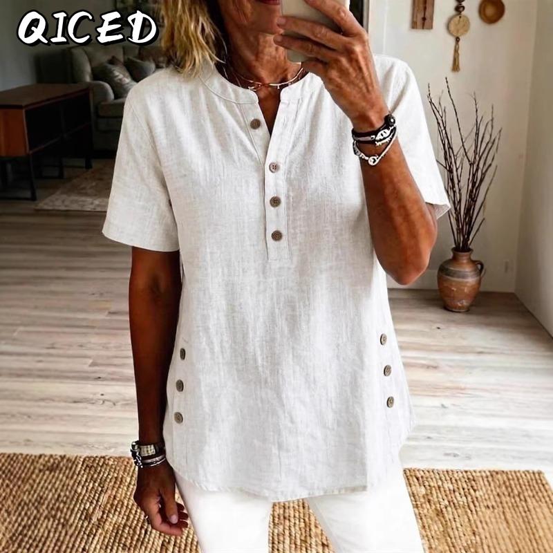 QICED Kadın Moda Günlük V Yaka Kısa Kollu Bluzlar & Gömlekler