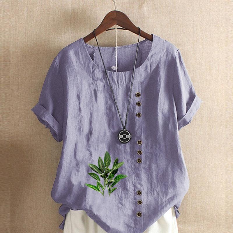 Women's Fashion Green Leaf Prined Round Neck Short Sleeve T-shirt Casual Cotton Linen Graphic Shirt Leisure Loose Summer Blouse Tops