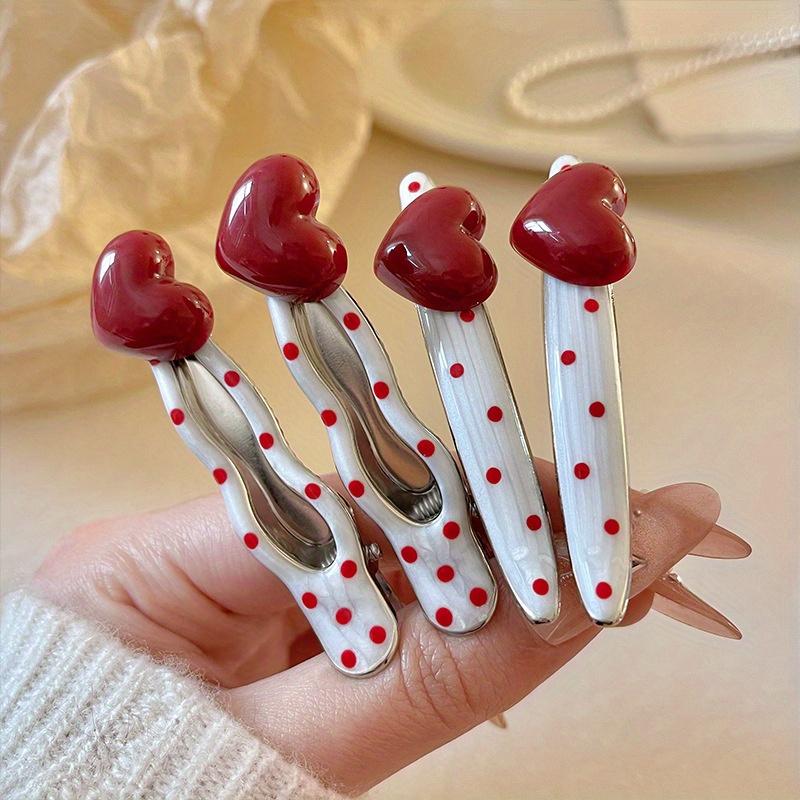 4pcs Retro Fashion Heart Polka Dot Hair Clips, Cute Duckbill Clip, Bangs Barrette, High-End Edge Clamps Versatile Accessories
