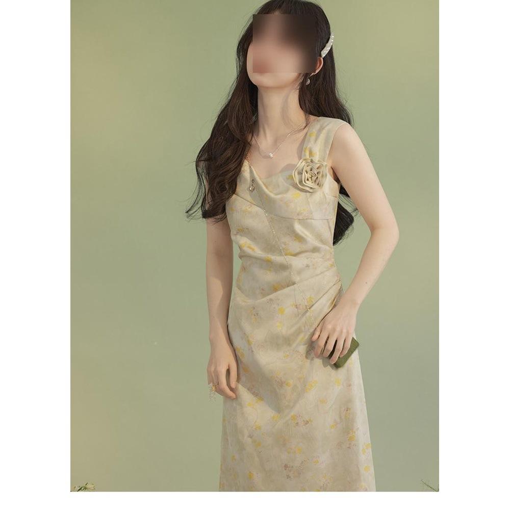 Polka dot suspender white three-dimensional flower waist sleeveless dress spring and summer women's long and thin dress