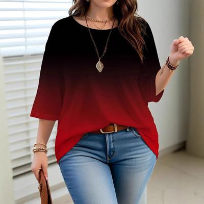 Women's Print Fashion Gradient Color Seven-point Sleeve Casual Round Neck T-shirt Blouse