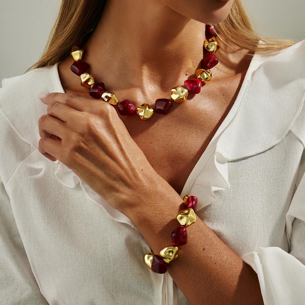 Irregular Acrylic Resin Necklace Bracelet Jewelry Set for Women Vintage Beads Chain Choker Bangle Gift