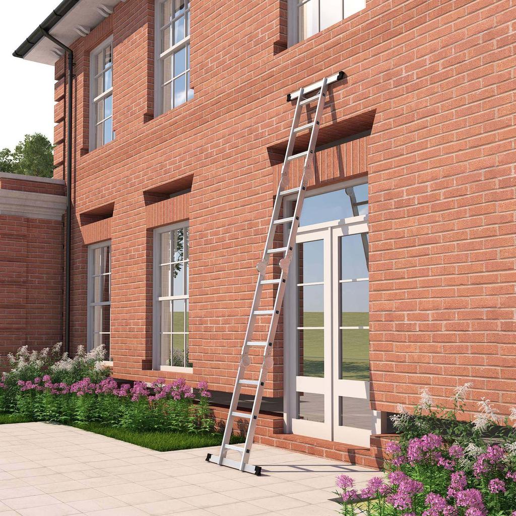 SONGMICS 3.5 M Ladder, Multi-Purpose Aluminium Ladder with 2 Metal Plates and 12 Steps, Articulated, Holds Up To 150 Kg, Silver