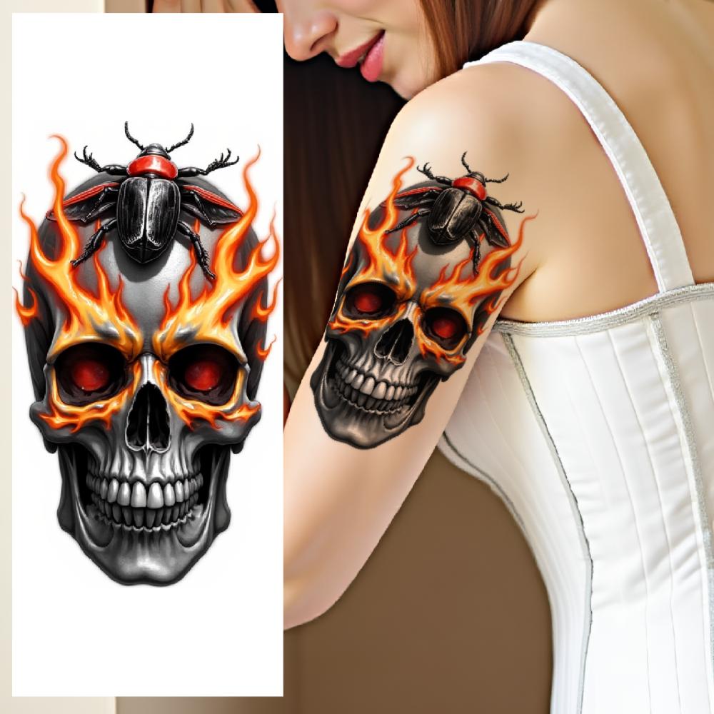 3pcs Temporary Tattoo Realistic Temporary Tattoos Skull With Flowers Skull With Butterfly Skull With Worm For Adults Women