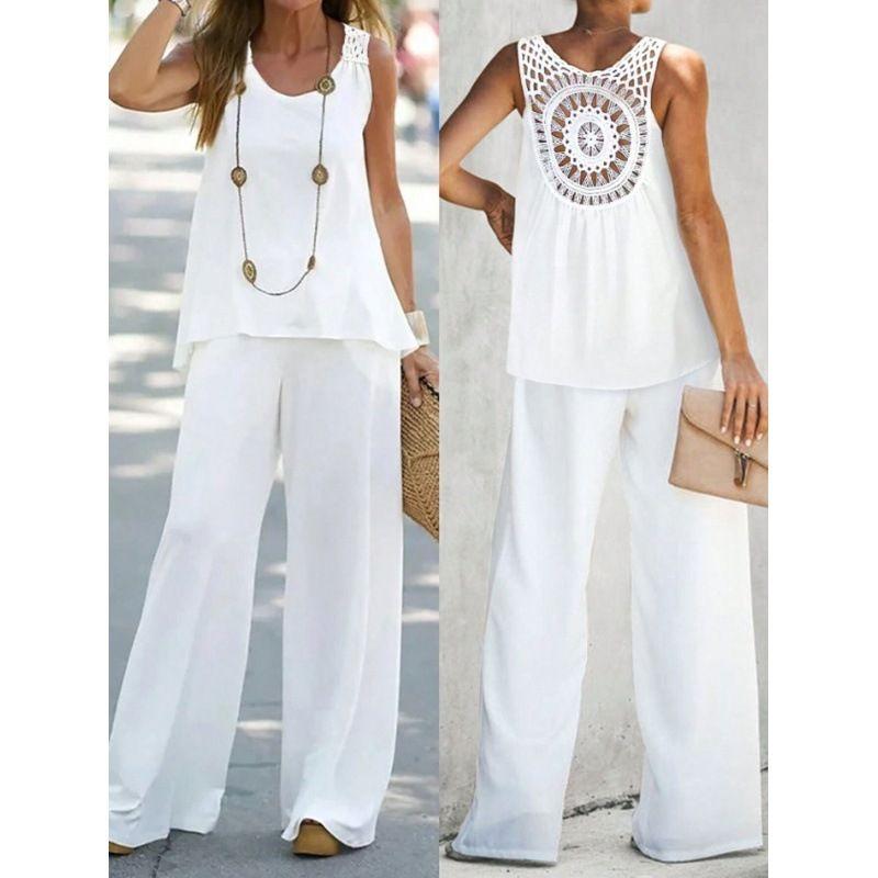 

Костюм-жилет и брюки Однотонный С открытой спиной Кружево с прорезями Свободный жилет Брюки широкие от бедра Комплект из двух предметов Женский White 2XL