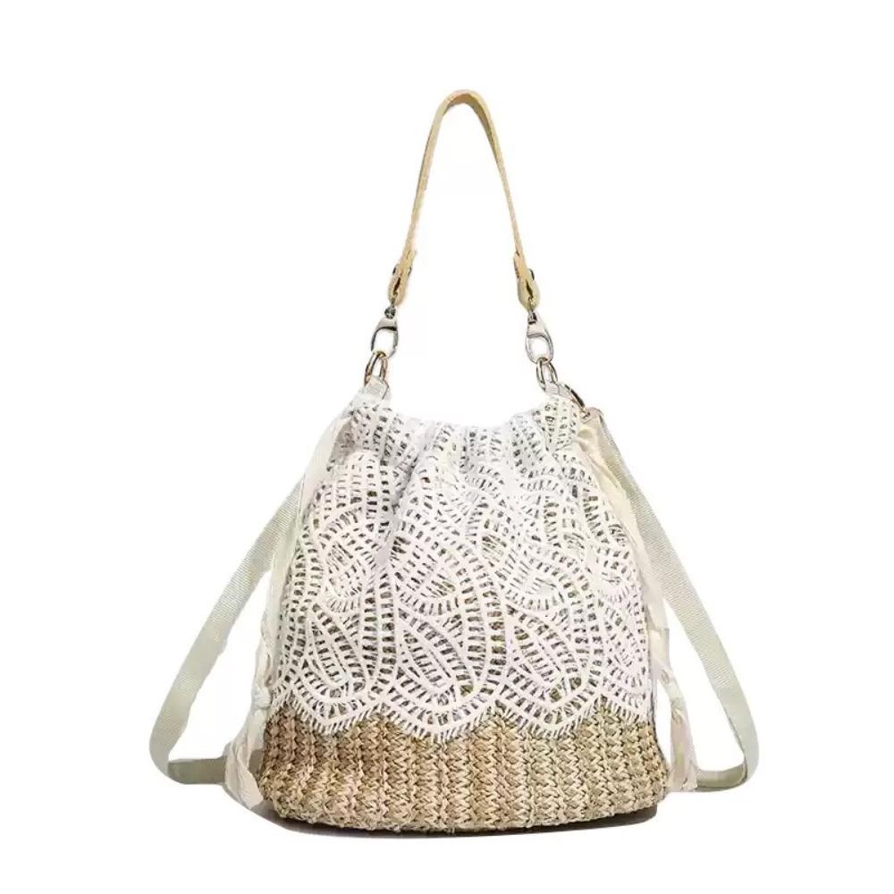 

Bohemian Weave Tote Bag Lace Beach Handbag Elegant Straw Shoulder Bag Students Style B